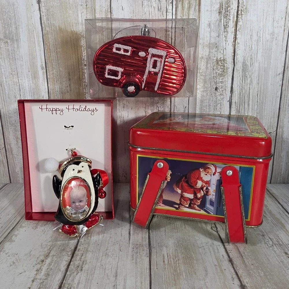 Coca-Cola Santa Tin & Christmas Ornaments Bundle Red Camper Penguin Photo Frame